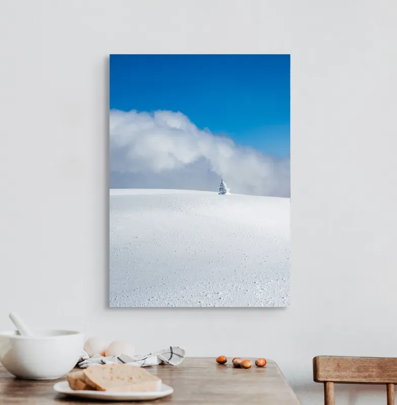 Tablou Canvas, "Singuratic în întinderea albă infinită", Zăpadă, Cer, Nori, Singurătate, Liniște, Puritate, Frig, Natură, Calm, Imensitate, 50 x 70 cm – poza 3