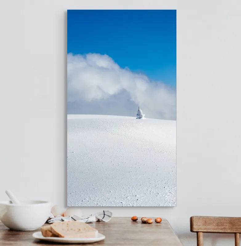 Tablou Canvas, "Singuratic în întinderea albă infinită", Zăpadă, Cer, Nori, Singurătate, Liniște, Puritate, Frig, Natură, Calm, Imensitate, 50 x 90 cm – poza 3