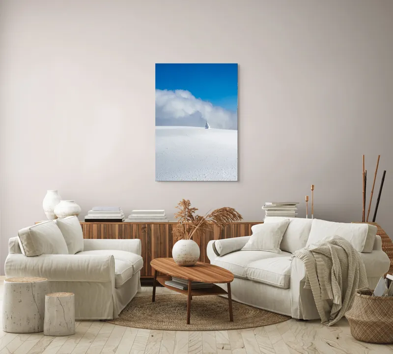 Tablou Canvas, "Singuratic în întinderea albă infinită", Zăpadă, Cer, Nori, Singurătate, Liniște, Puritate, Frig, Natură, Calm, Imensitate, 70 x 100 cm – poza 4