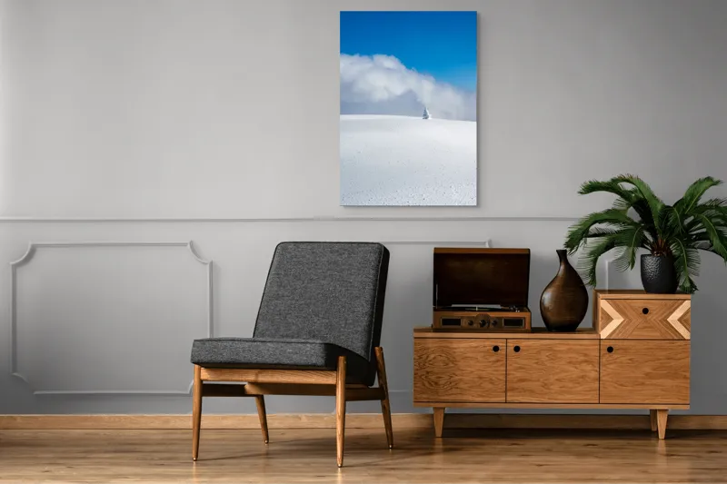 Tablou Canvas, "Singuratic în întinderea albă infinită", Zăpadă, Cer, Nori, Singurătate, Liniște, Puritate, Frig, Natură, Calm, Imensitate, 70 x 100 cm – poza 6