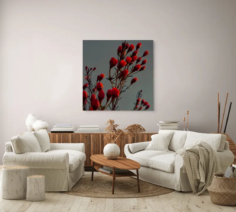 Tablou Canvas, "Muguri roșii în lumina apusului", Flori, Răsărit, Roșu, Contrast, Eleganță, Natură, Delicatețe, Artistic., 100 x 100 cm – poza 3