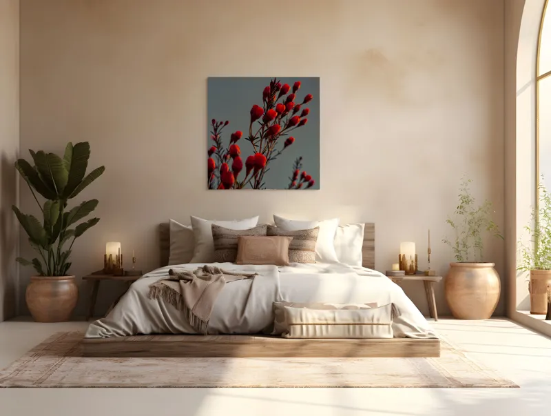 Tablou Canvas, "Muguri roșii în lumina apusului", Flori, Răsărit, Roșu, Contrast, Eleganță, Natură, Delicatețe, Artistic., 100 x 100 cm – poza 4