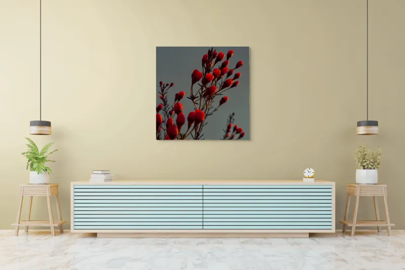 Tablou Canvas, "Muguri roșii în lumina apusului", Flori, Răsărit, Roșu, Contrast, Eleganță, Natură, Delicatețe, Artistic., 100 x 100 cm – poza 5