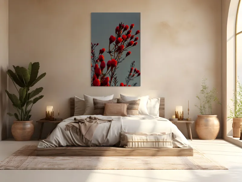 Tablou Canvas, "Muguri roșii în lumina apusului", Flori, Răsărit, Roșu, Contrast, Eleganță, Natură, Delicatețe, Artistic., 100 x 150 cm – poza 3