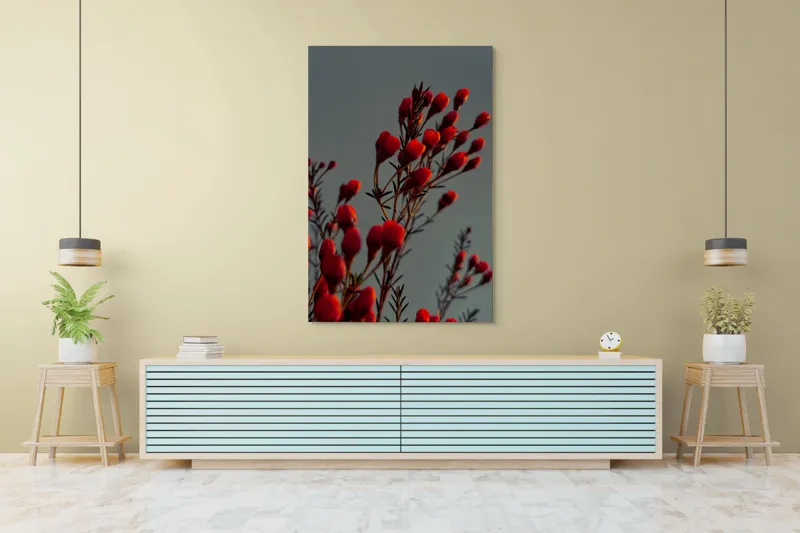 Tablou Canvas, "Muguri roșii în lumina apusului", Flori, Răsărit, Roșu, Contrast, Eleganță, Natură, Delicatețe, Artistic., 100 x 150 cm – poza 4
