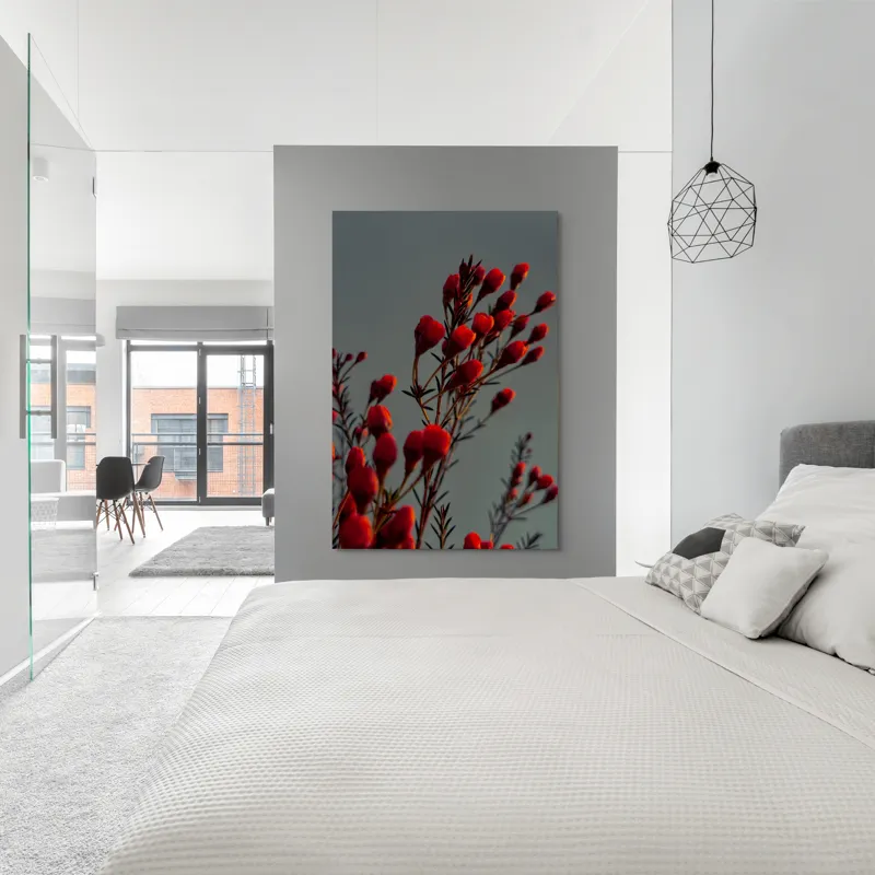 Tablou Canvas, "Muguri roșii în lumina apusului", Flori, Răsărit, Roșu, Contrast, Eleganță, Natură, Delicatețe, Artistic., 100 x 150 cm – poza 5