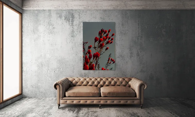 Tablou Canvas, "Muguri roșii în lumina apusului", Flori, Răsărit, Roșu, Contrast, Eleganță, Natură, Delicatețe, Artistic., 100 x 150 cm – poza 6