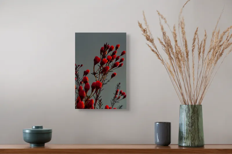 Tablou Canvas, "Muguri roșii în lumina apusului", Flori, Răsărit, Roșu, Contrast, Eleganță, Natură, Delicatețe, Artistic., 26 x 39 cm – poza 5