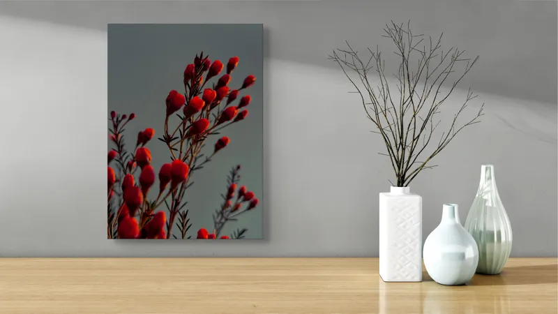 Tablou Canvas, "Muguri roșii în lumina apusului", Flori, Răsărit, Roșu, Contrast, Eleganță, Natură, Delicatețe, Artistic., 39 x 54 cm – poza 4