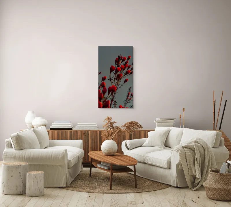 Tablou Canvas, "Muguri roșii în lumina apusului", Flori, Răsărit, Roșu, Contrast, Eleganță, Natură, Delicatețe, Artistic., 50 x 90 cm – poza 7