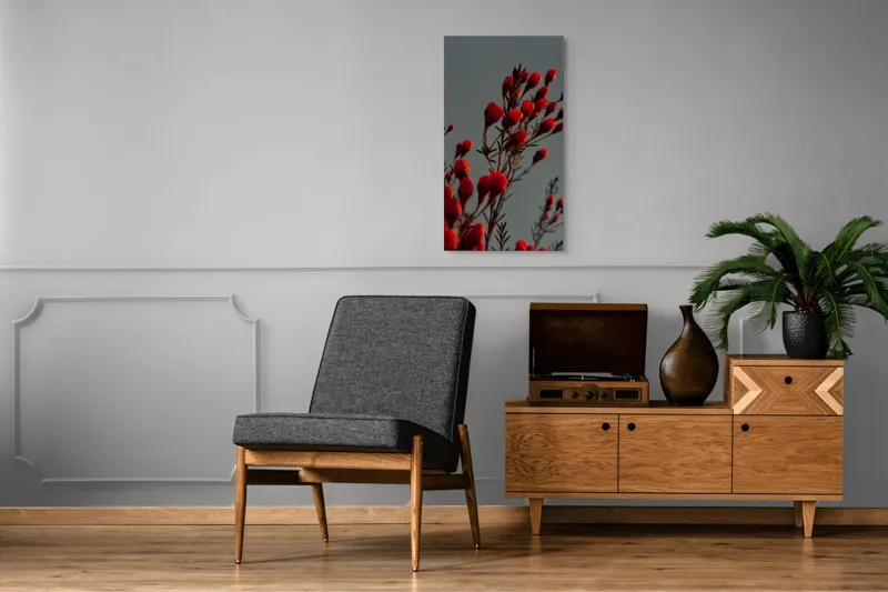 Tablou Canvas, "Muguri roșii în lumina apusului", Flori, Răsărit, Roșu, Contrast, Eleganță, Natură, Delicatețe, Artistic., 50 x 90 cm – poza 8