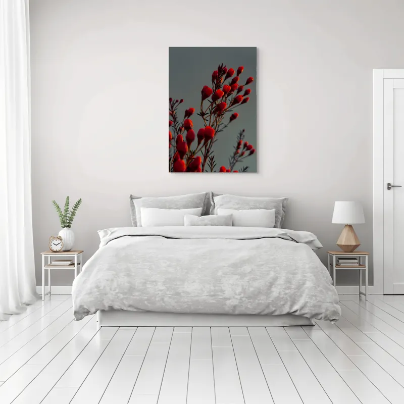 Tablou Canvas, "Muguri roșii în lumina apusului", Flori, Răsărit, Roșu, Contrast, Eleganță, Natură, Delicatețe, Artistic., 70 x 100 cm – poza 3