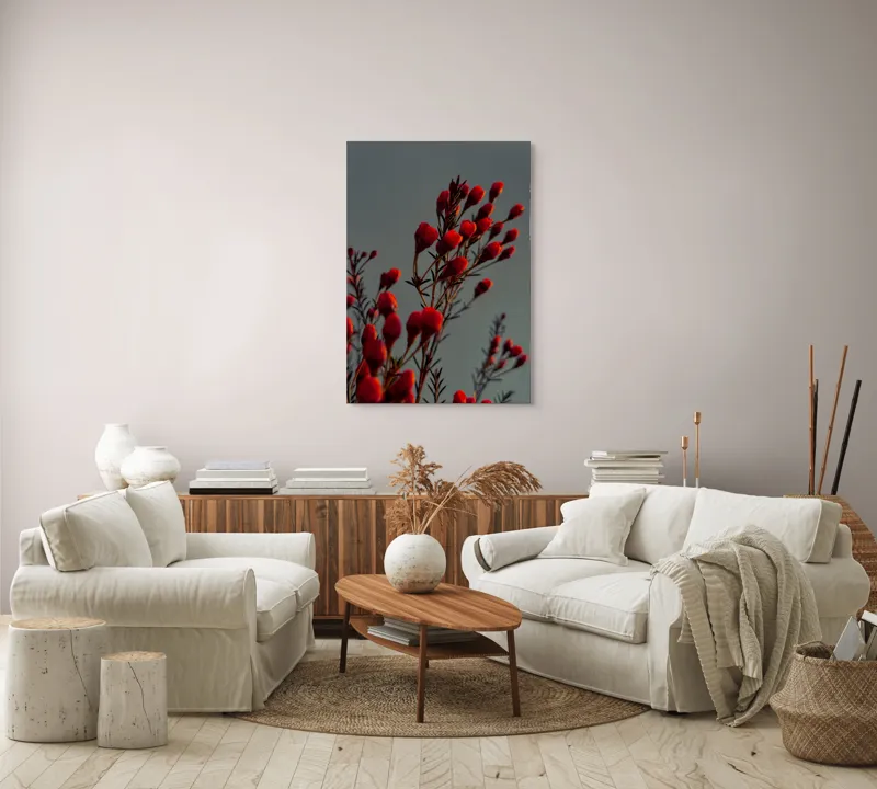 Tablou Canvas, "Muguri roșii în lumina apusului", Flori, Răsărit, Roșu, Contrast, Eleganță, Natură, Delicatețe, Artistic., 70 x 100 cm – poza 4