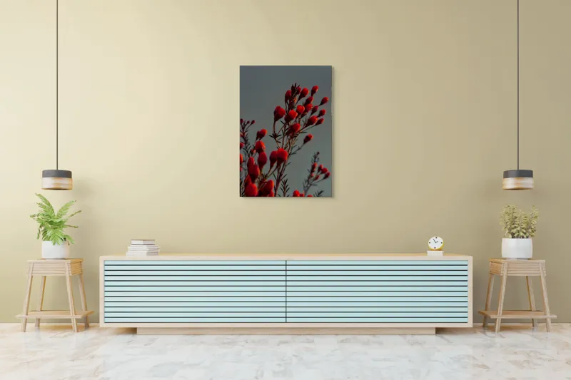 Tablou Canvas, "Muguri roșii în lumina apusului", Flori, Răsărit, Roșu, Contrast, Eleganță, Natură, Delicatețe, Artistic., 70 x 100 cm – poza 5