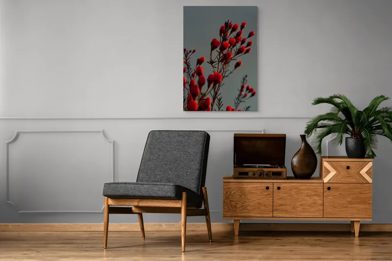Tablou Canvas, "Muguri roșii în lumina apusului", Flori, Răsărit, Roșu, Contrast, Eleganță, Natură, Delicatețe, Artistic., 70 x 100 cm – poza 6