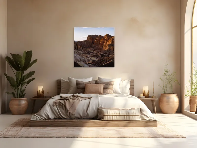 Tablou Canvas, "Răsărit peste stâncile deșertului", Vârfuri, Munți, Stânci, Apus, Erosion, Lumină, Uscăciune, Natură, Grandios, Peisaj., 100 x 100 cm – poza 4