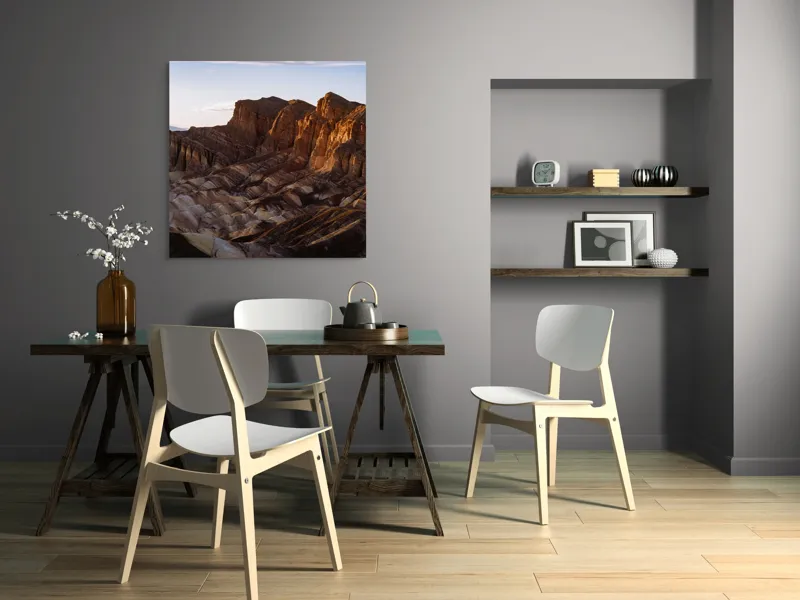 Tablou Canvas, "Răsărit peste stâncile deșertului", Vârfuri, Munți, Stânci, Apus, Erosion, Lumină, Uscăciune, Natură, Grandios, Peisaj., 100 x 100 cm – poza 6