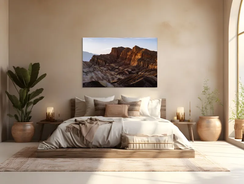 Tablou Canvas, "Răsărit peste stâncile deșertului", Vârfuri, Munți, Stânci, Apus, Erosion, Lumină, Uscăciune, Natură, Grandios, Peisaj., 150 x 100 cm – poza 4