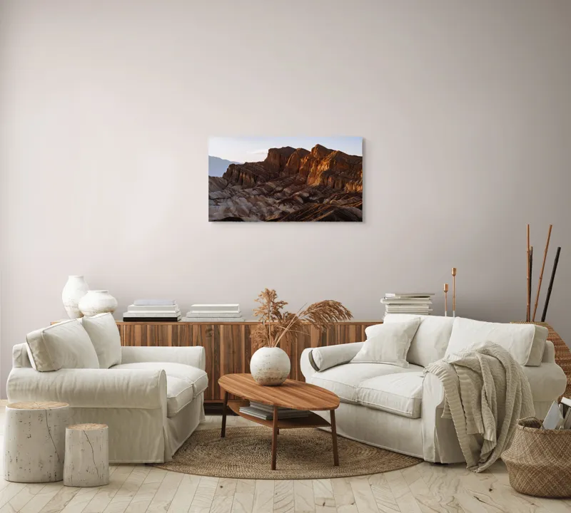 Tablou Canvas, "Răsărit peste stâncile deșertului", Vârfuri, Munți, Stânci, Apus, Erosion, Lumină, Uscăciune, Natură, Grandios, Peisaj., 90 x 50 cm – poza 4