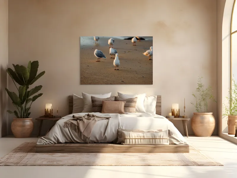 Tablou Canvas, "Pescăruși la apus pe plajă", Păsări, Plajă, Apus, Nisip, Marea, Aripi, Liniște, Umbre, Guguștiuci, Valuri, 150 x 100 cm – poza 4