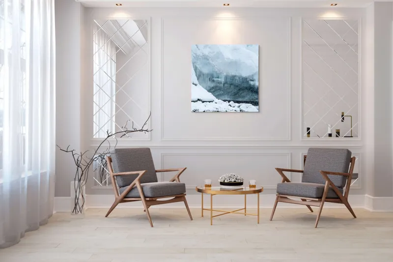 Tablou Canvas, "Peștera înghețată din tărâmul nordic", Gheață, Zăpadă, Stânci, Turturi, Frig, Albastru, Norii, Natura, Timp, Iarnă, 100 x 100 cm – poza 7