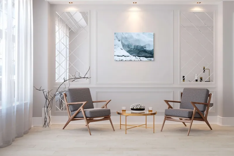 Tablou Canvas, "Peștera înghețată din tărâmul nordic", Gheață, Zăpadă, Stânci, Turturi, Frig, Albastru, Norii, Natura, Timp, Iarnă, 100 x 70 cm – poza 5