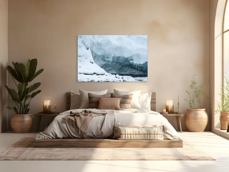 Tablou Canvas, "Peștera înghețată din tărâmul nordic", Gheață, Zăpadă, Stânci, Turturi, Frig, Albastru, Norii, Natura, Timp, Iarnă, 150 x 100 cm – poza 4