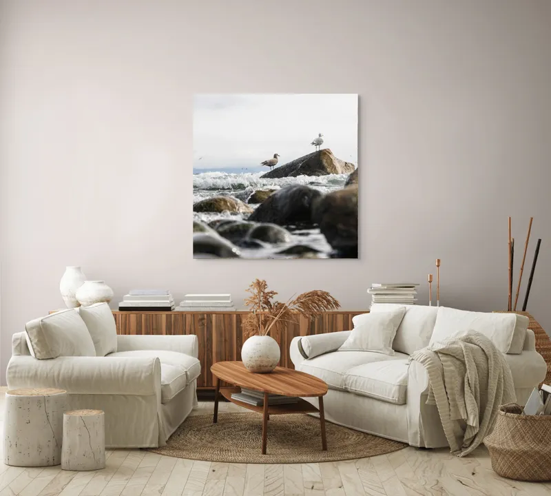 Tablou Canvas, "Pescăruși pe stânci în valuri mari", Pietre, Valuri, Pescarusi, Mare, Cer, Ocean, Spuma, Natura, Tranquilitate, Frumusete, 100 x 100 cm – poza 3
