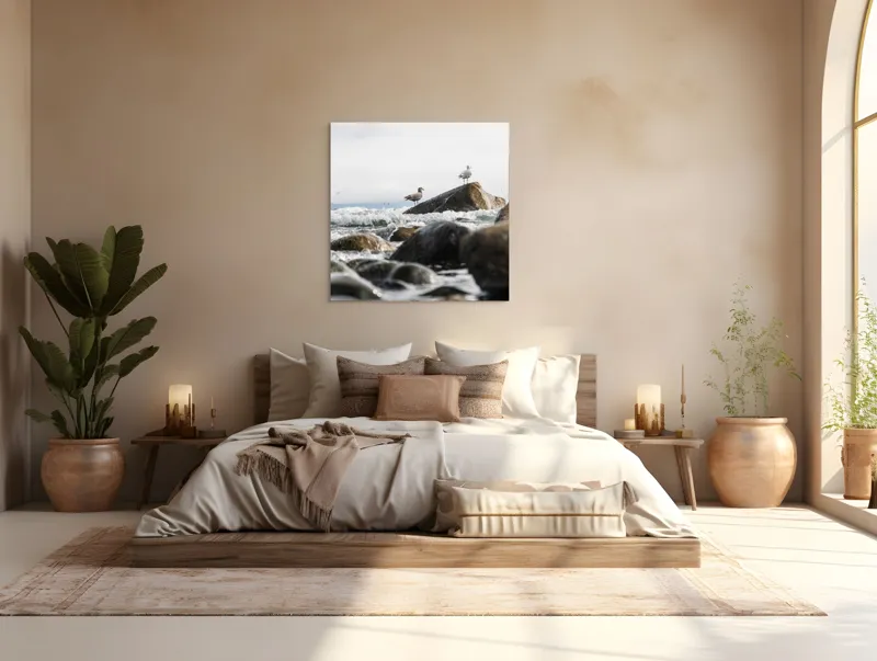 Tablou Canvas, "Pescăruși pe stânci în valuri mari", Pietre, Valuri, Pescarusi, Mare, Cer, Ocean, Spuma, Natura, Tranquilitate, Frumusete, 100 x 100 cm – poza 4