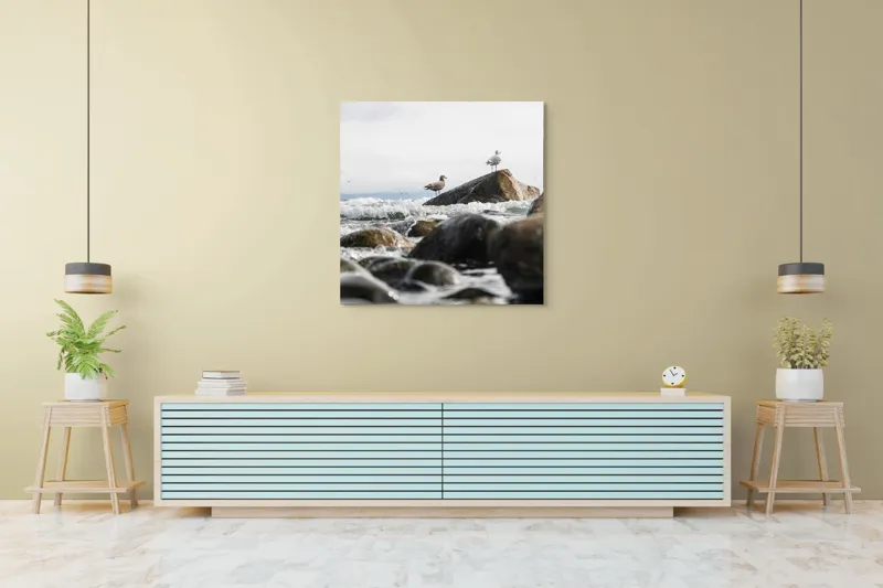 Tablou Canvas, "Pescăruși pe stânci în valuri mari", Pietre, Valuri, Pescarusi, Mare, Cer, Ocean, Spuma, Natura, Tranquilitate, Frumusete, 100 x 100 cm – poza 5
