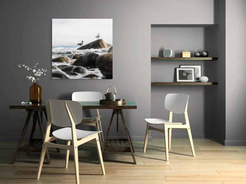 Tablou Canvas, "Pescăruși pe stânci în valuri mari", Pietre, Valuri, Pescarusi, Mare, Cer, Ocean, Spuma, Natura, Tranquilitate, Frumusete, 100 x 100 cm – poza 6