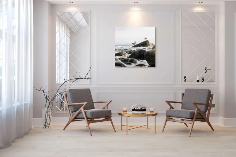 Tablou Canvas, "Pescăruși pe stânci în valuri mari", Pietre, Valuri, Pescarusi, Mare, Cer, Ocean, Spuma, Natura, Tranquilitate, Frumusete, 100 x 100 cm – poza 7