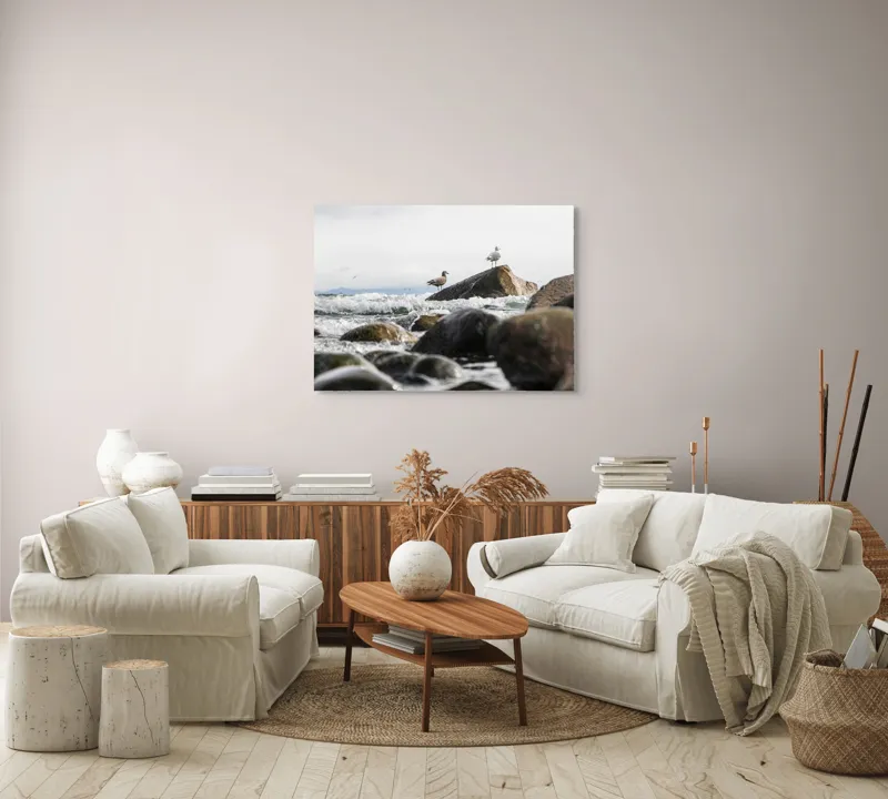Tablou Canvas, "Pescăruși pe stânci în valuri mari", Pietre, Valuri, Pescarusi, Mare, Cer, Ocean, Spuma, Natura, Tranquilitate, Frumusete, 100 x 70 cm – poza 3