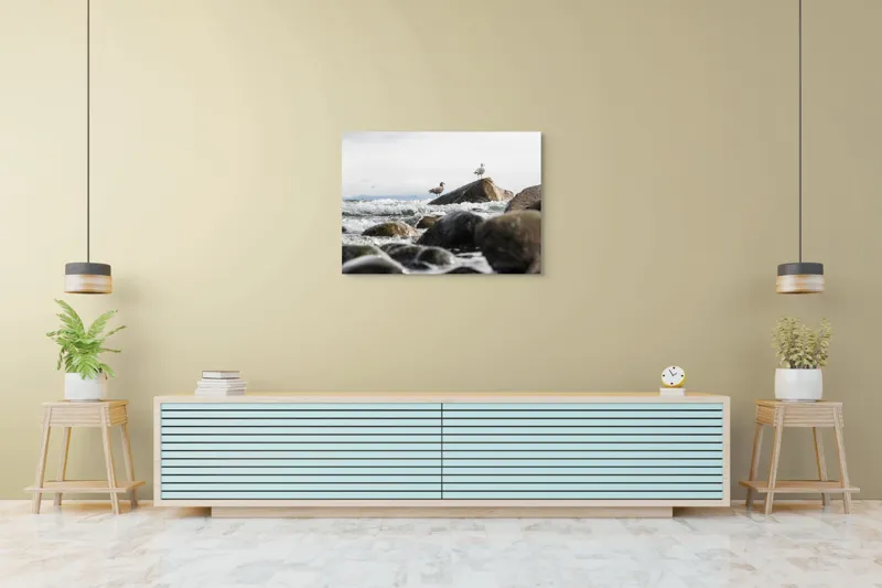 Tablou Canvas, "Pescăruși pe stânci în valuri mari", Pietre, Valuri, Pescarusi, Mare, Cer, Ocean, Spuma, Natura, Tranquilitate, Frumusete, 100 x 70 cm – poza 4