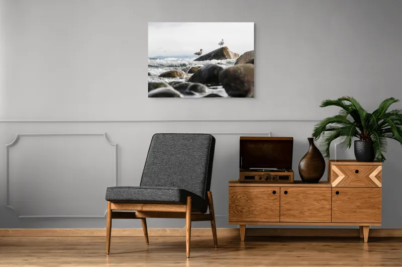Tablou Canvas, "Pescăruși pe stânci în valuri mari", Pietre, Valuri, Pescarusi, Mare, Cer, Ocean, Spuma, Natura, Tranquilitate, Frumusete, 100 x 70 cm – poza 8