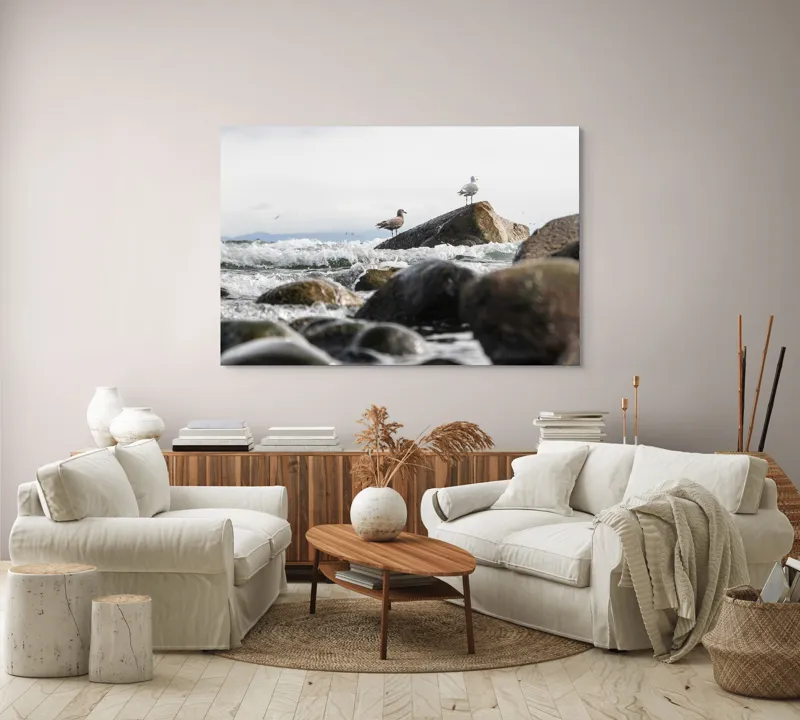 Tablou Canvas, "Pescăruși pe stânci în valuri mari", Pietre, Valuri, Pescarusi, Mare, Cer, Ocean, Spuma, Natura, Tranquilitate, Frumusete, 150 x 100 cm – poza 3