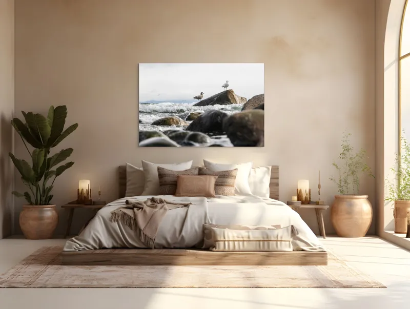 Tablou Canvas, "Pescăruși pe stânci în valuri mari", Pietre, Valuri, Pescarusi, Mare, Cer, Ocean, Spuma, Natura, Tranquilitate, Frumusete, 150 x 100 cm – poza 4