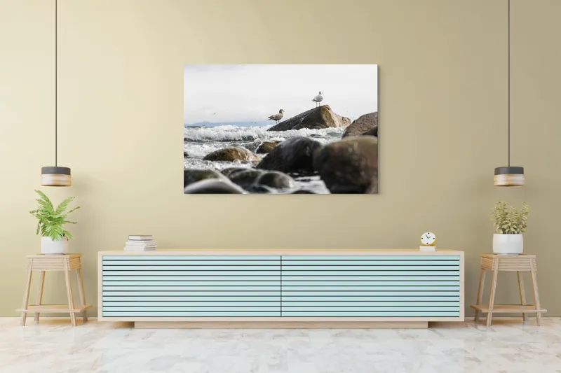 Tablou Canvas, "Pescăruși pe stânci în valuri mari", Pietre, Valuri, Pescarusi, Mare, Cer, Ocean, Spuma, Natura, Tranquilitate, Frumusete, 150 x 100 cm – poza 6