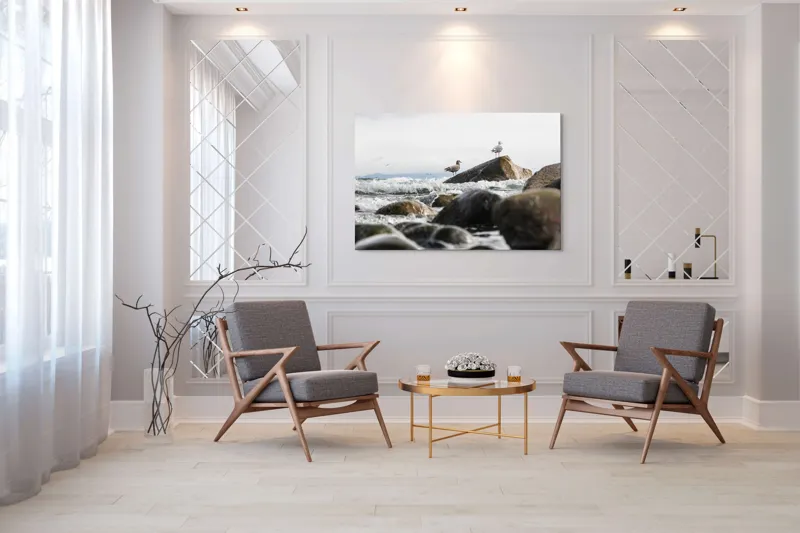 Tablou Canvas, "Pescăruși pe stânci în valuri mari", Pietre, Valuri, Pescarusi, Mare, Cer, Ocean, Spuma, Natura, Tranquilitate, Frumusete, 150 x 100 cm – poza 7