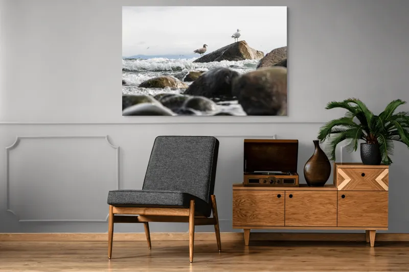 Tablou Canvas, "Pescăruși pe stânci în valuri mari", Pietre, Valuri, Pescarusi, Mare, Cer, Ocean, Spuma, Natura, Tranquilitate, Frumusete, 150 x 100 cm – poza 8
