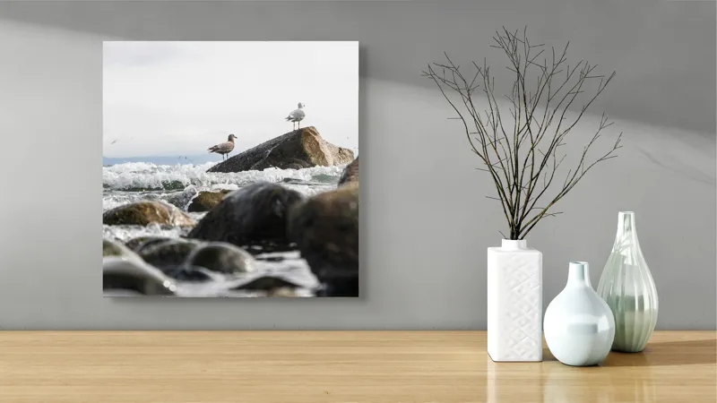 Tablou Canvas, "Pescăruși pe stânci în valuri mari", Pietre, Valuri, Pescarusi, Mare, Cer, Ocean, Spuma, Natura, Tranquilitate, Frumusete, 50 x 50 cm – poza 3