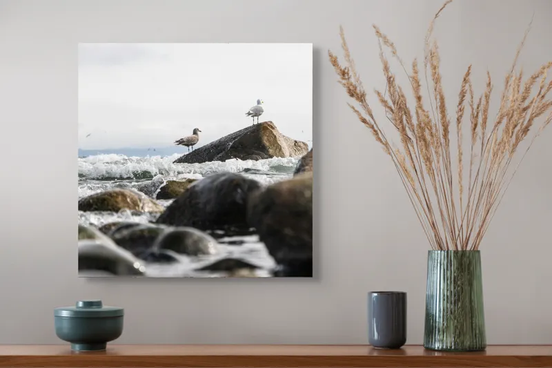 Tablou Canvas, "Pescăruși pe stânci în valuri mari", Pietre, Valuri, Pescarusi, Mare, Cer, Ocean, Spuma, Natura, Tranquilitate, Frumusete, 50 x 50 cm – poza 4