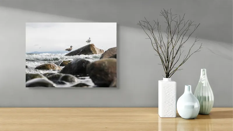 Tablou Canvas, "Pescăruși pe stânci în valuri mari", Pietre, Valuri, Pescarusi, Mare, Cer, Ocean, Spuma, Natura, Tranquilitate, Frumusete, 54 x 39 cm – poza 3