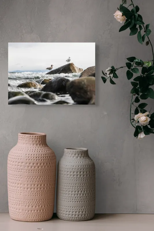 Tablou Canvas, "Pescăruși pe stânci în valuri mari", Pietre, Valuri, Pescarusi, Mare, Cer, Ocean, Spuma, Natura, Tranquilitate, Frumusete, 54 x 39 cm – poza 8
