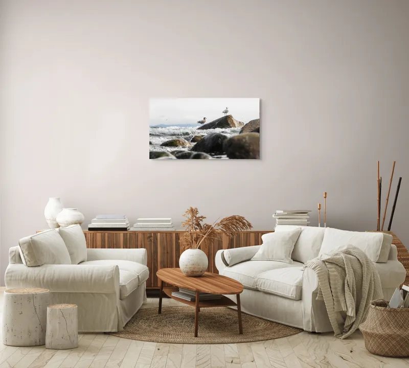 Tablou Canvas, "Pescăruși pe stânci în valuri mari", Pietre, Valuri, Pescarusi, Mare, Cer, Ocean, Spuma, Natura, Tranquilitate, Frumusete, 90 x 50 cm – poza 4