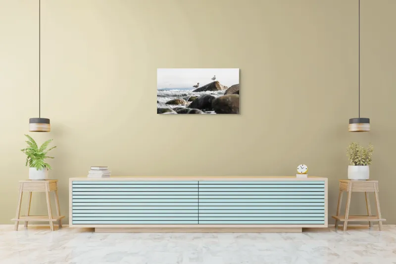 Tablou Canvas, "Pescăruși pe stânci în valuri mari", Pietre, Valuri, Pescarusi, Mare, Cer, Ocean, Spuma, Natura, Tranquilitate, Frumusete, 90 x 50 cm – poza 5
