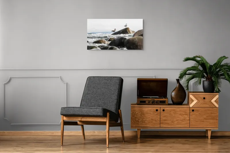 Tablou Canvas, "Pescăruși pe stânci în valuri mari", Pietre, Valuri, Pescarusi, Mare, Cer, Ocean, Spuma, Natura, Tranquilitate, Frumusete, 90 x 50 cm – poza 6