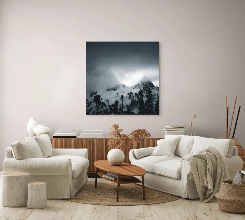 Tablou Canvas, "Vârfuri ascunse sub nori întunecați", Nor, Munte, Zăpadă, Ceață, Întuneric, 100 x 100 cm – poza 3