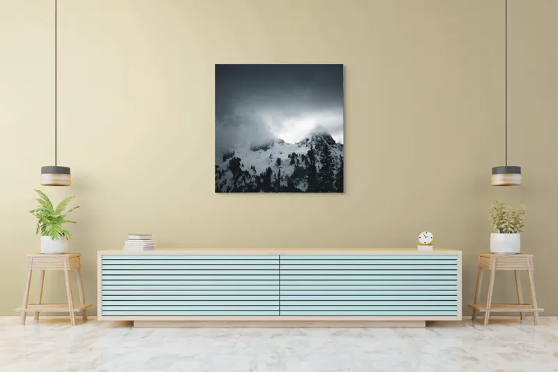 Tablou Canvas, "Vârfuri ascunse sub nori întunecați", Nor, Munte, Zăpadă, Ceață, Întuneric, 100 x 100 cm – poza 5