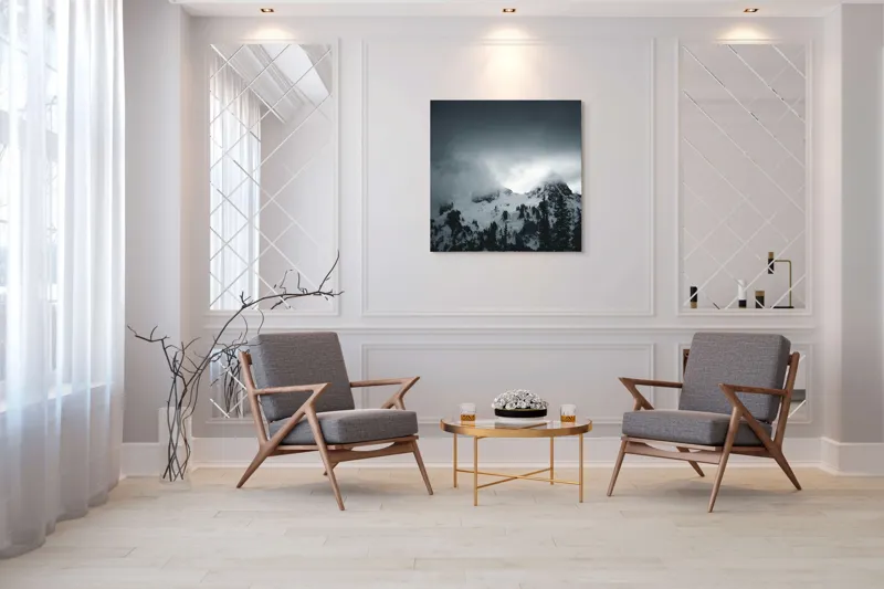 Tablou Canvas, "Vârfuri ascunse sub nori întunecați", Nor, Munte, Zăpadă, Ceață, Întuneric, 100 x 100 cm – poza 7